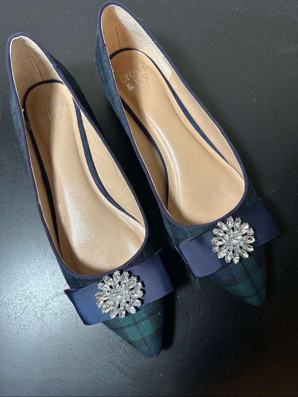 crown & ivy navy and green plaid pointed-toe flats with crystal rosette